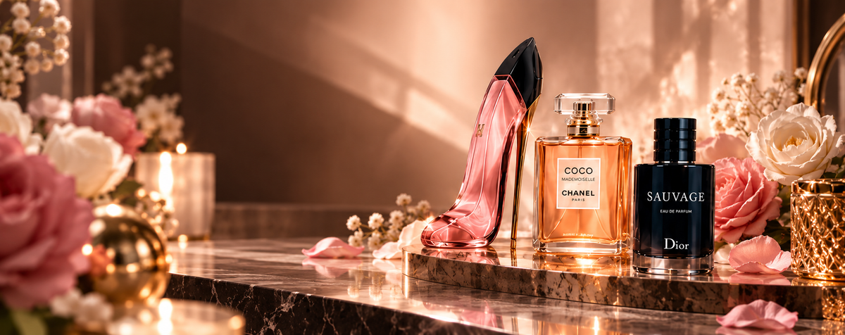 Perfumes sobre mármol entre flores y luz cálida, composición de LoveMy Beauty